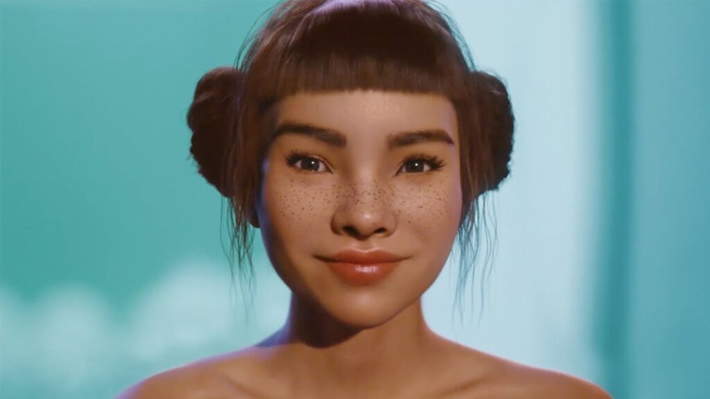 Virtual influencer Lil Miquela posing for a YouTube thumbnail of her first video