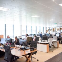 a busy workplace with team members collaborating on projects